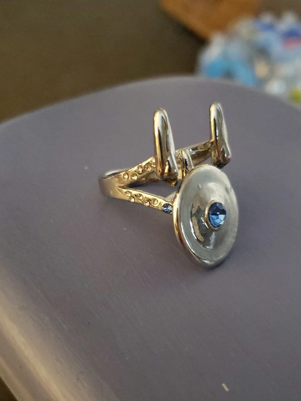 Sterling Silver Star Trek Enterprise Ring with Blue Crystal Accent